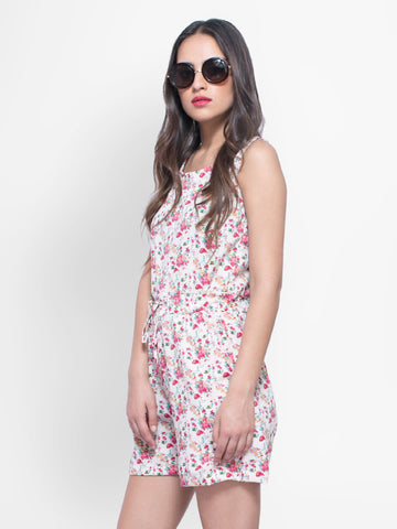 FabAlley Women White &amp; Pink Floral Print Playsuit
