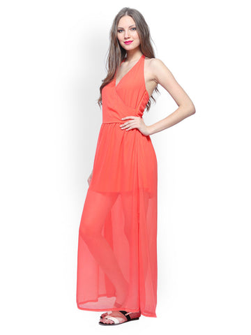 FabAlley Coral Orange Sheer Dreamland Maxi Dress
