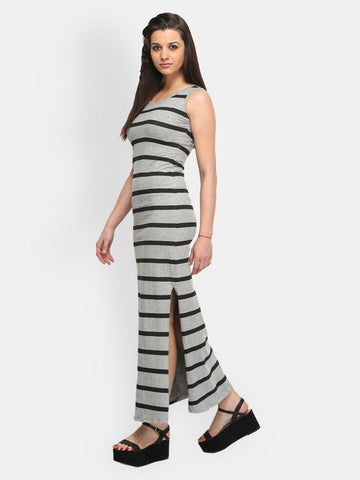 FabAlley Grey &amp; Black Striped Maxi Dress