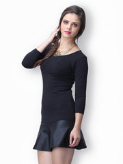 FabAlley Black Leather Flair Drop Waist Dress