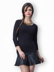 FabAlley Black Leather Flair Drop Waist Dress