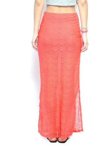 FabAlley Coral Orange Lace Maxi Skirt