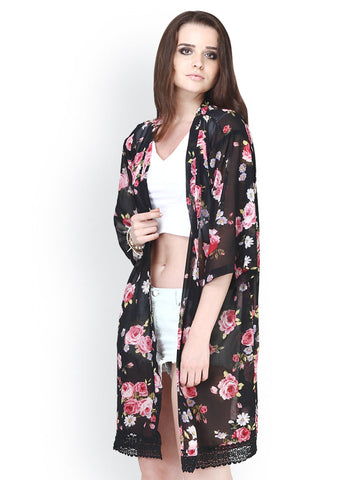 FabAlley Women Black Floral Print Robe