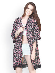 FabAlley Women Black Floral Print Robe