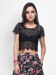 FabAlley Women Black Lace Crop Top