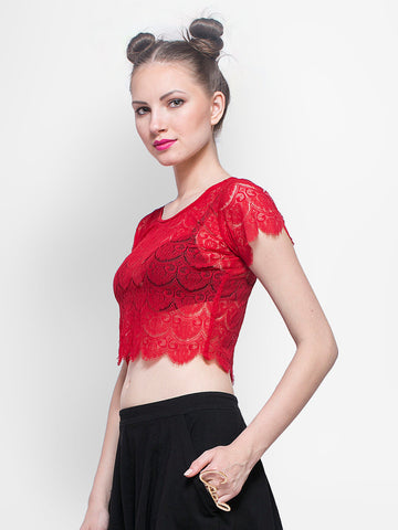 FabAlley Women Red Lace Crop Top
