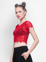 FabAlley Women Red Lace Crop Top