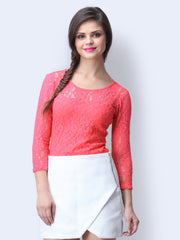 FabAlley Women Coral Pink Lace Smitten Top