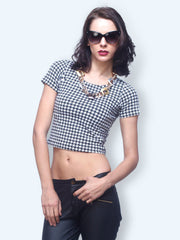 FabAlley Women White &amp; Black Printed Houndstooth Haute Crop Top