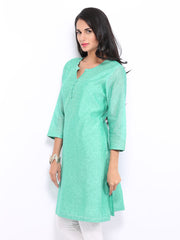 Fabindia Women Sea Green Chanderi Silk Printed Kurta