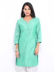 Fabindia Women Sea Green Chanderi Silk Printed Kurta