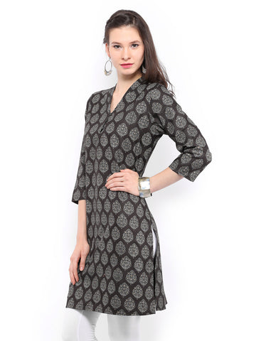 Fabindia Women Black Hand Block Print Tussar Silk Blend Kurta