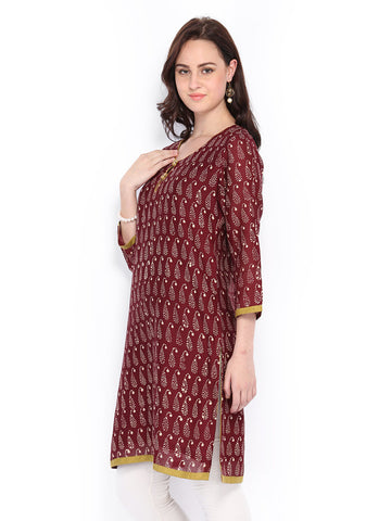Fabindia Women Burgundy &amp; Beige Hand Block Printed Kurta