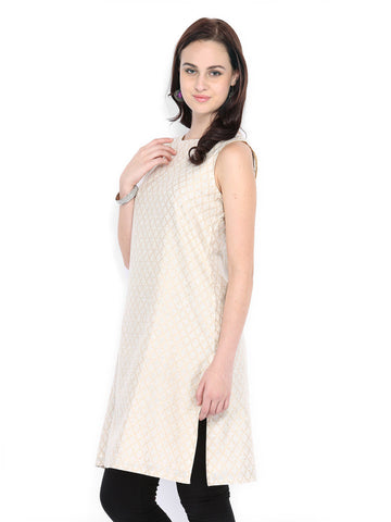 Fabindia Women Off-White &amp; Gold-Coloured Chanderi Cotton Embroidered Kurta