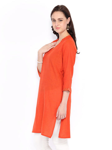 Fabindia Women Orange Hand Embroidered Kurta