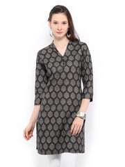 Fabindia Women Black Hand Block Print Tussar Silk Blend Kurta