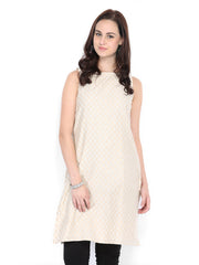 Fabindia Women Off-White &amp; Gold-Coloured Chanderi Cotton Embroidered Kurta