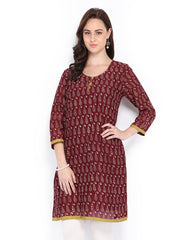 Fabindia Women Burgundy &amp; Beige Hand Block Printed Kurta