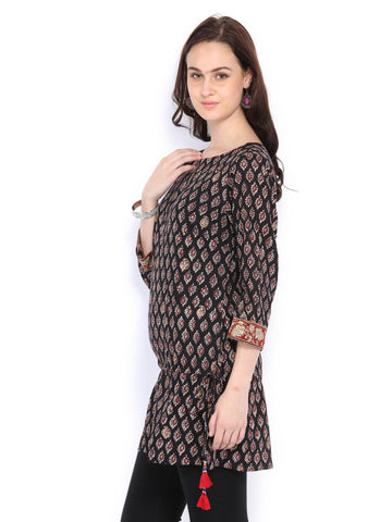 Fabindia Women Black &amp; Beige Hand Block Print Kurti