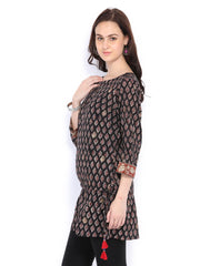 Fabindia Women Black &amp; Beige Hand Block Print Kurti