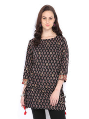 Fabindia Women Black &amp; Beige Hand Block Print Kurti