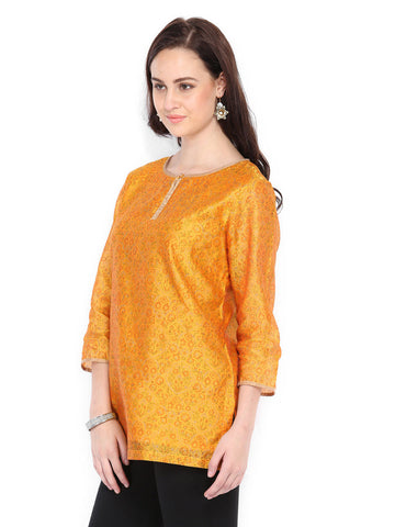 Fabindia Women Mustard Yellow Chanderi Printed Kurti