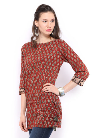 Fabindia Women Rust Brown Hand Block Print Kurti