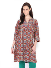 Fabindia Women Maroon &amp; Beige Hand Block Print Kurta