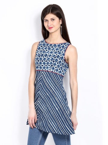 Fabindia Women Navy &amp; Off-White Printed Tunic