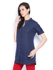 Fabindia Women Navy Linen Blend Tunic
