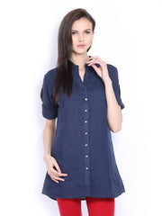 Fabindia Women Navy Linen Blend Tunic