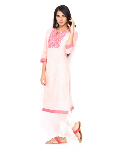 Fabindia Women Off-White &amp; Pink Printed Kurta