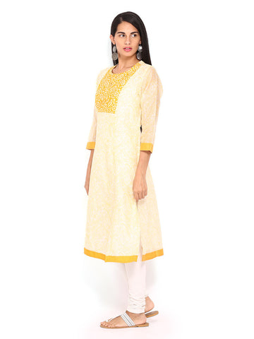 Fabindia Women Off-White &amp; Yellow Printed Kurta