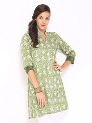Fabindia Women Olive Green &amp; White Printed Kurta