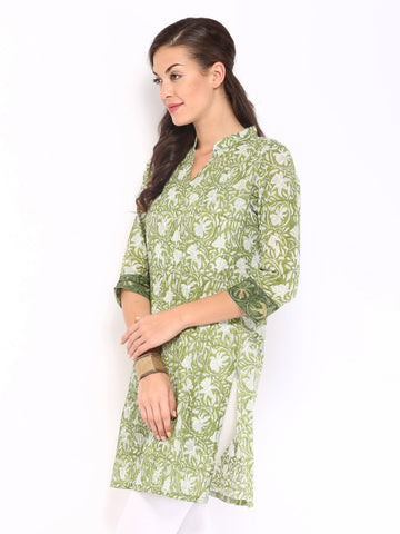 Fabindia Women Olive Green &amp; White Printed Kurta