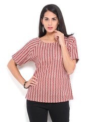 Fabindia Women Peach Coloured &amp; Maroon Hand Block Print Top