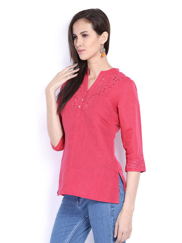 Fabindia Women Pink Linen Blend Top
