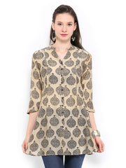 Fabindia Women Beige Hand Block Print Chanderi Silk Blend Tunic