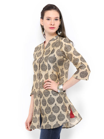 Fabindia Women Beige Hand Block Print Chanderi Silk Blend Tunic