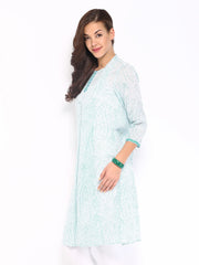 Fabindia Women White &amp; Blue Printed Kurta