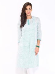 Fabindia Women White &amp; Blue Printed Kurta
