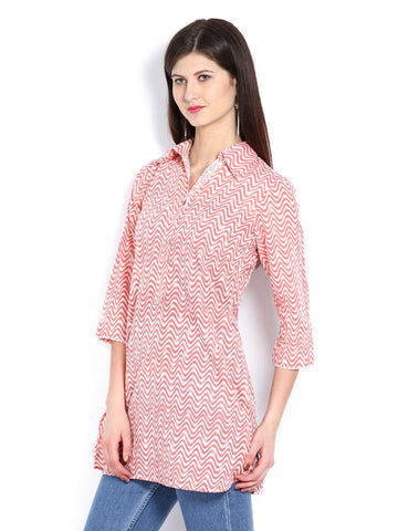 Fabindia Women White &amp; Peach Coloured Printed Tunic