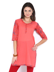 Fabnesia Women Coral Pink Printed Kurti