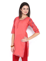 Fabnesia Women Coral Pink Printed Kurti