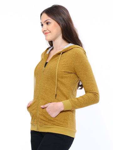 Fame Forever Women Mustard Brown Printed Hooded Sweatshirt