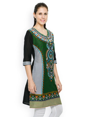 Feminista Women Green &amp; Black Printed Kurti