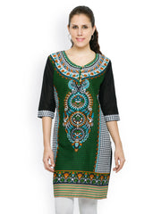Feminista Women Green &amp; Black Printed Kurti