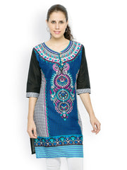 Feminista Women Blue &amp; Black Printed Kurti