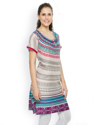 Feminista Women Beige &amp; Blue Printed Kurti
