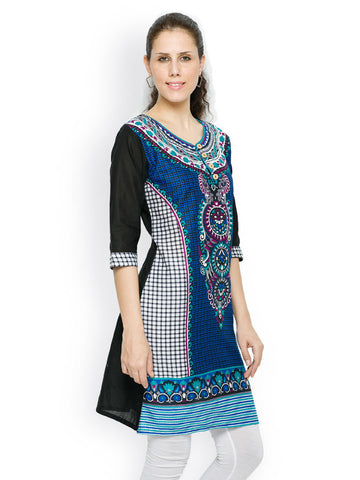 Feminista Women Blue &amp; Black Printed Kurti